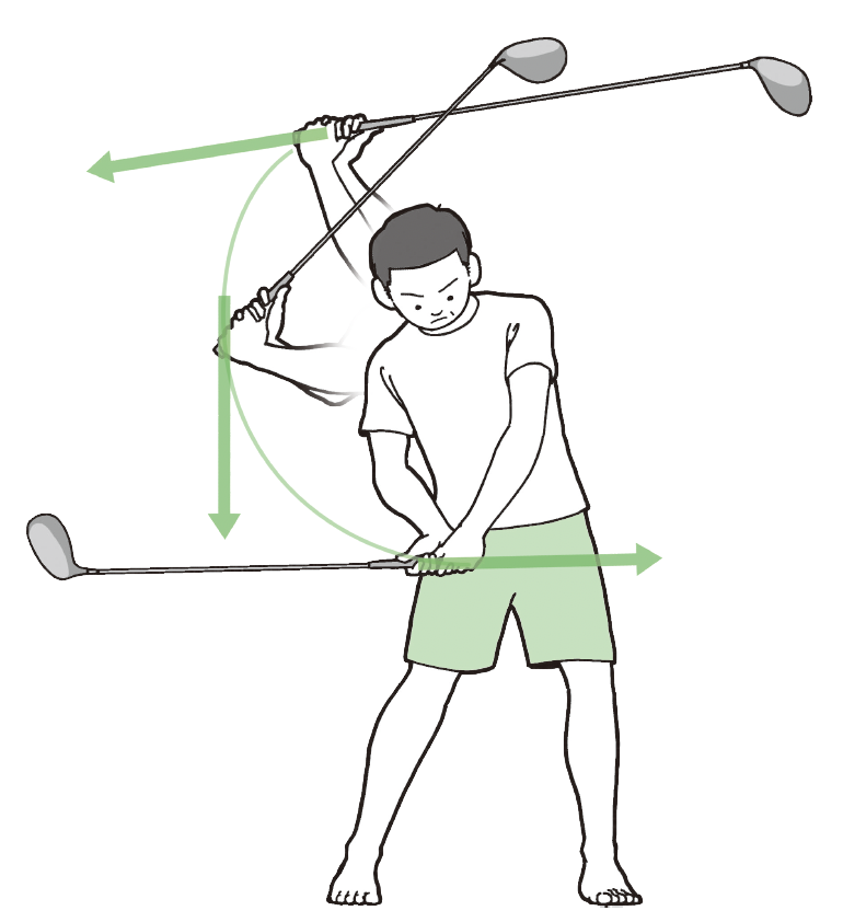 グリップエンドの延長方向に引く『ゴルフ当たる！飛ばせる！スウィング解剖図鑑 イラストでわかる身体とクラブの正確な使い方』