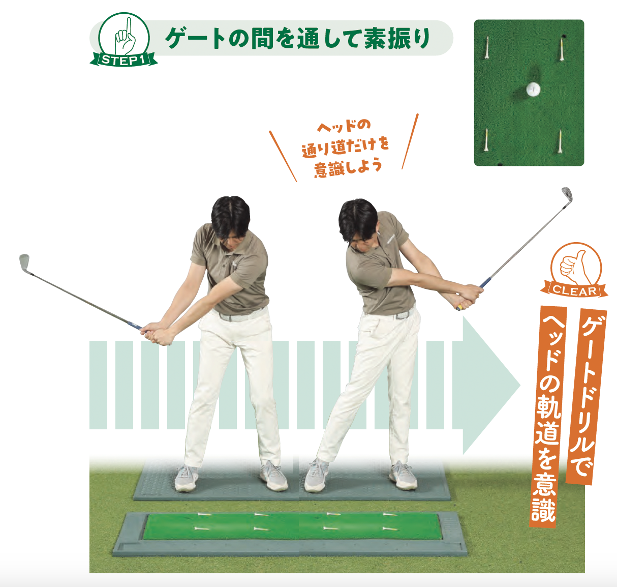 【STEP1】ゲートの間を通して素振り『ゴルフは右手の使い方だけ覚えれば上手くなる』
