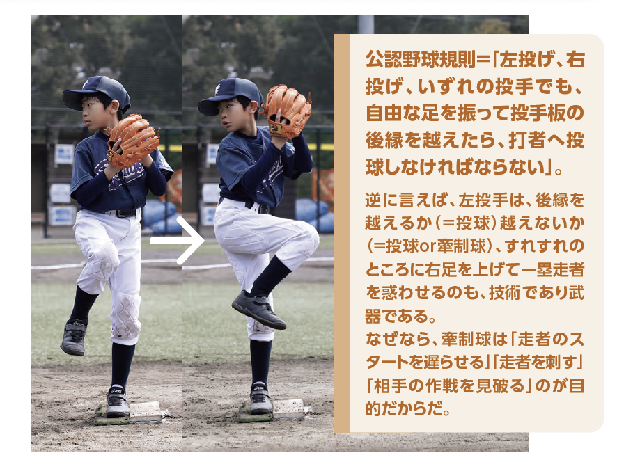 投手の牽制/公認野球規則＝「左投げ、右投げ、いずれの投手でも、自由な足を振って投手板の後縁を越えたら、打者へ投球しなければならない」。『少年野球　デキる選手はやっている「打つ・走る・投げる・守る」』