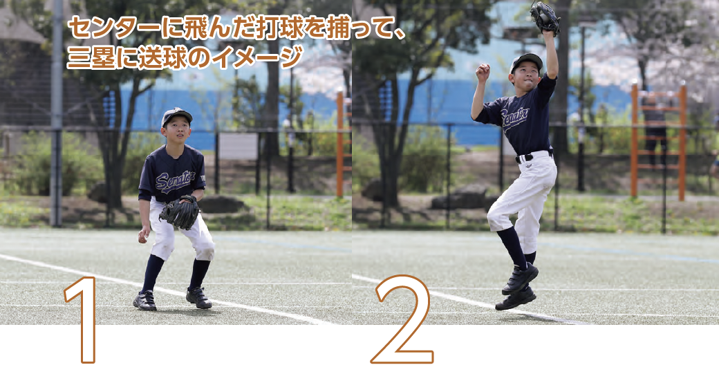 センターに飛んだ打球を捕って、三塁に送球のイメージ『少年野球　デキる選手はやっている「打つ・走る・投げる・守る」』