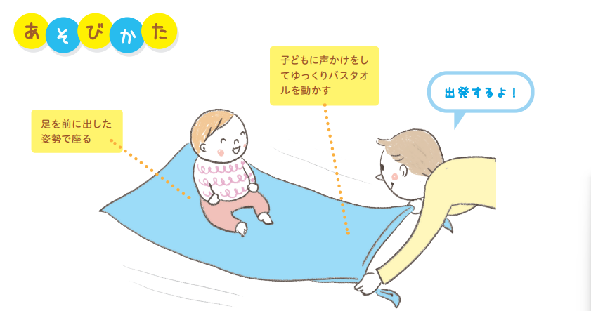 あそび12：タオルそり/あそびかた【発達が気になる子の感覚統合遊び】