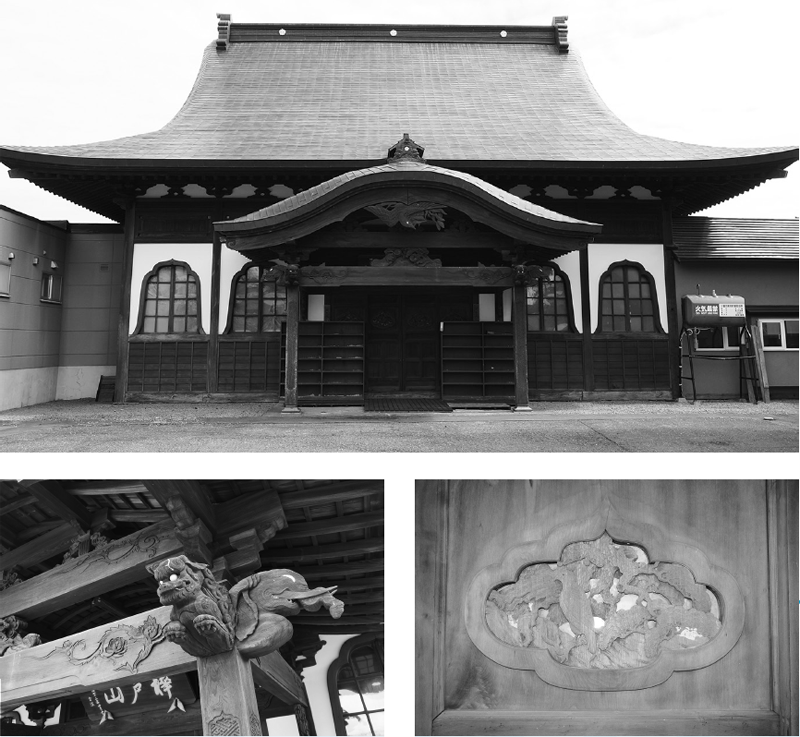 北漸寺本堂と、本堂や正面玄関に彫られた彫刻。囚人の奥田房太郎が棟梁を務め、彫刻も大工や木工の技術を持つ囚人たちによって彫られた。