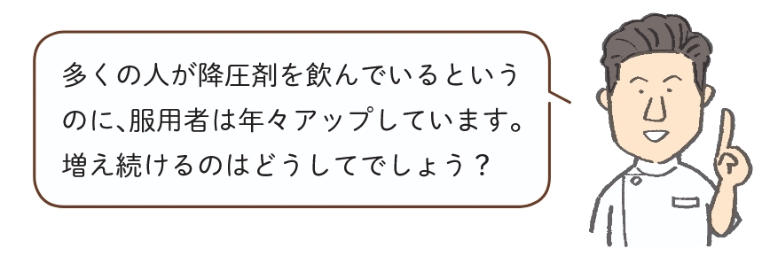 多くの人が降圧剤を飲んでいるというのに、服用者は年々アップしています。増え続けるのはどうしてでしょう？